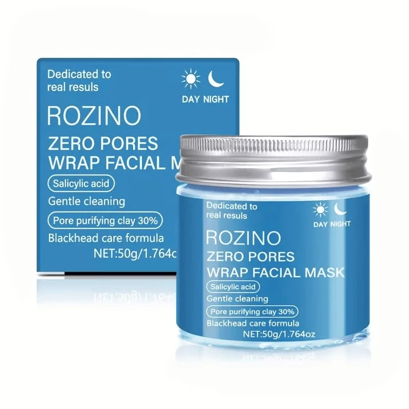 ROZINO Zero Pores Wrap Facial Mask shown with its blue retail box and open jar on a clean white background. The packaging is bright blue with white text and icons for Day and Night use, and the jar has a silver metal lid.
