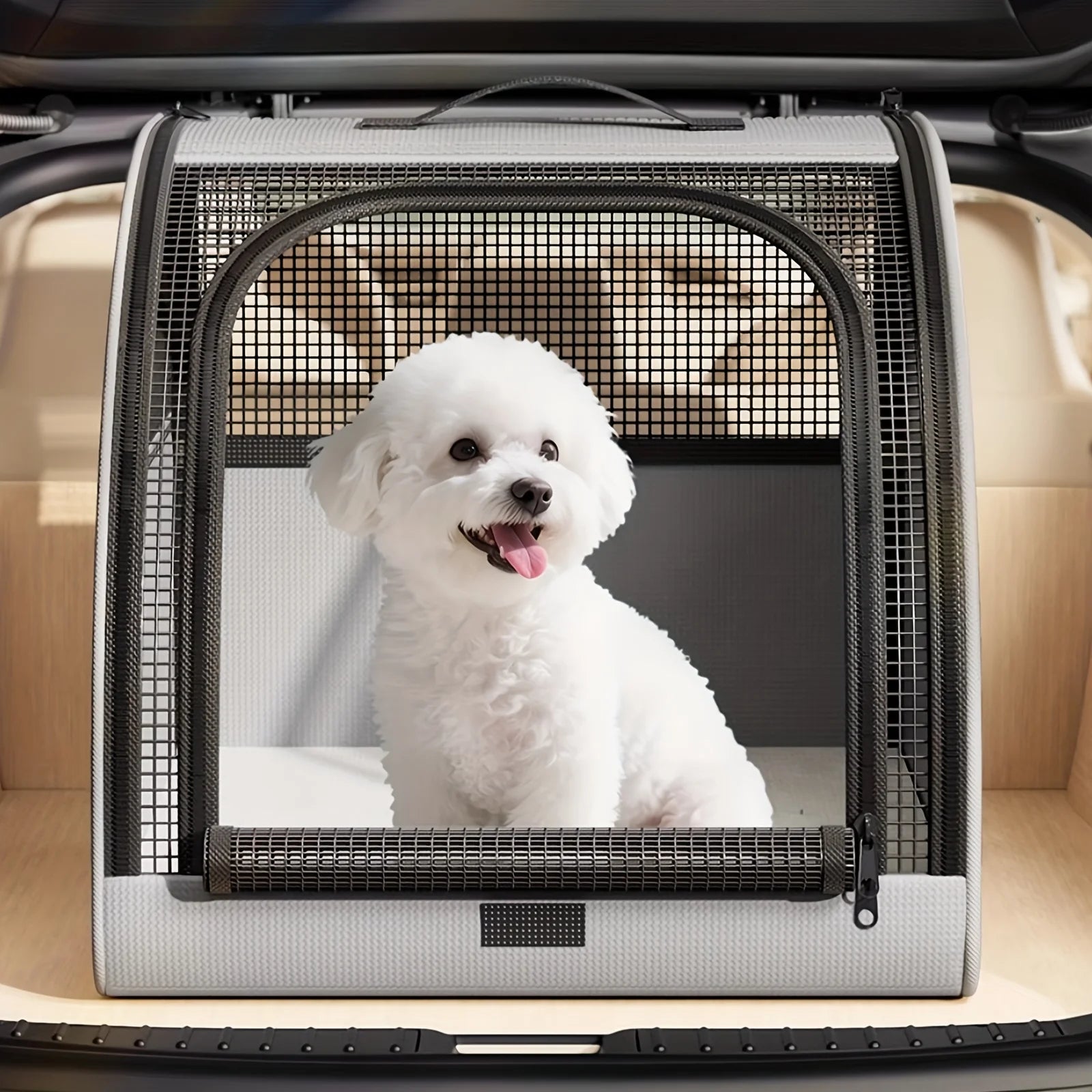 White dog inside a pet carrier in a car