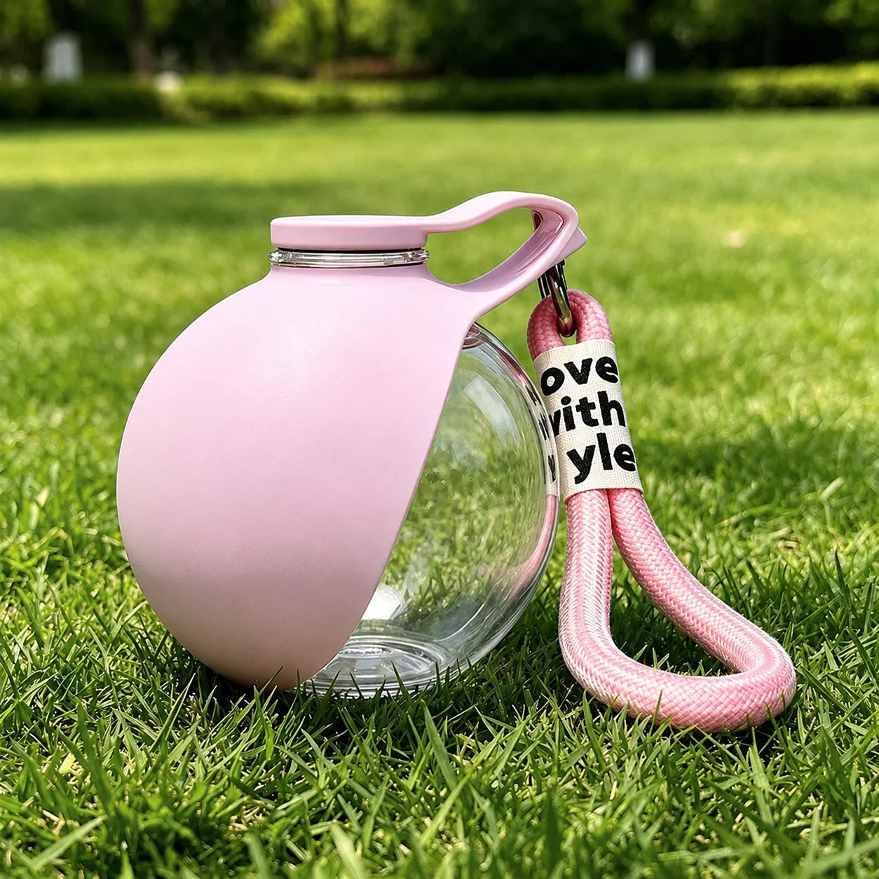 A pink silicone-cased water bottle with a clear glass body sits on green grass outdoors, next to a pink woven carrying strap with a white tag that reads 'love with style'.