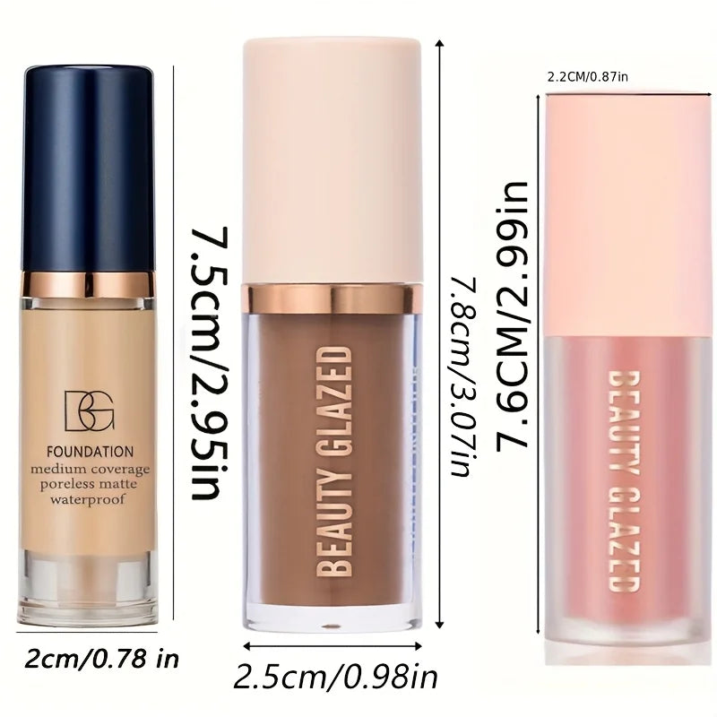 Three cosmetic products with measurements indicated on a white background