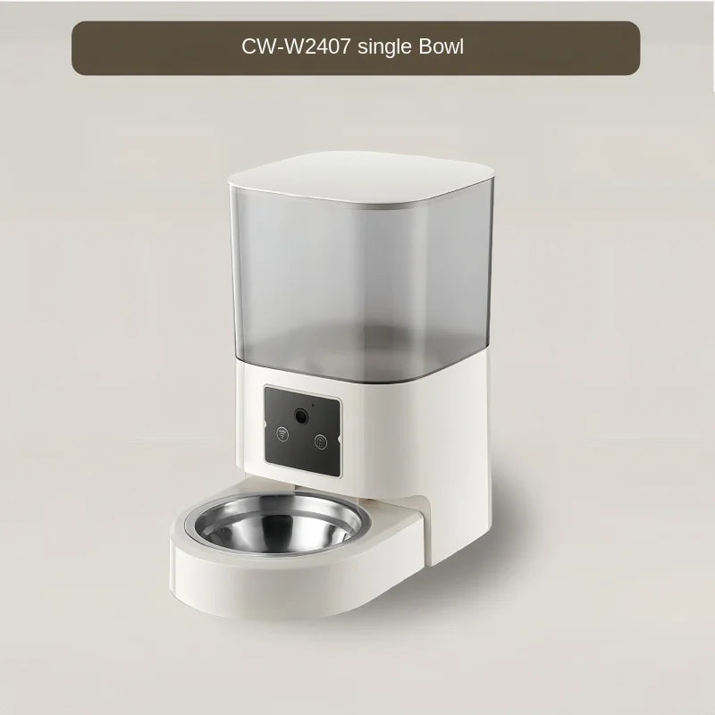Single bowl pet feeder with control panel on a light gray background