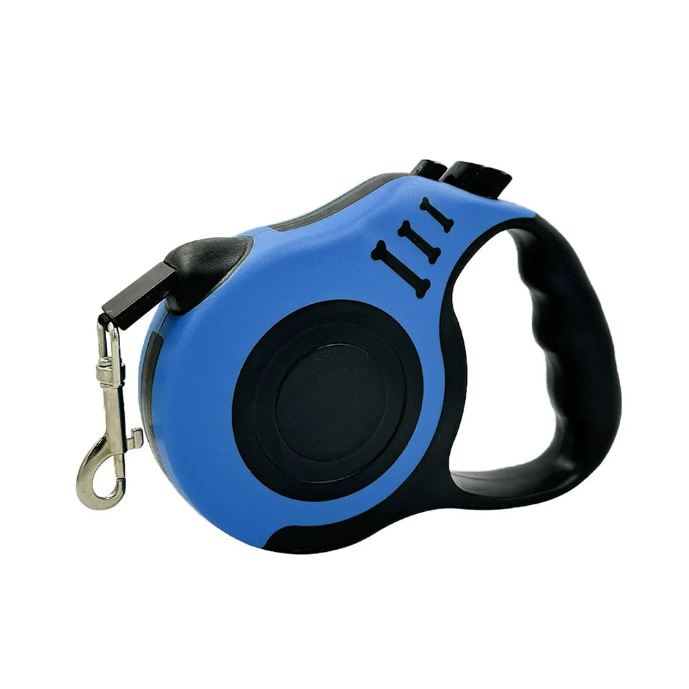 Blue and black retractable dog leash on a white background