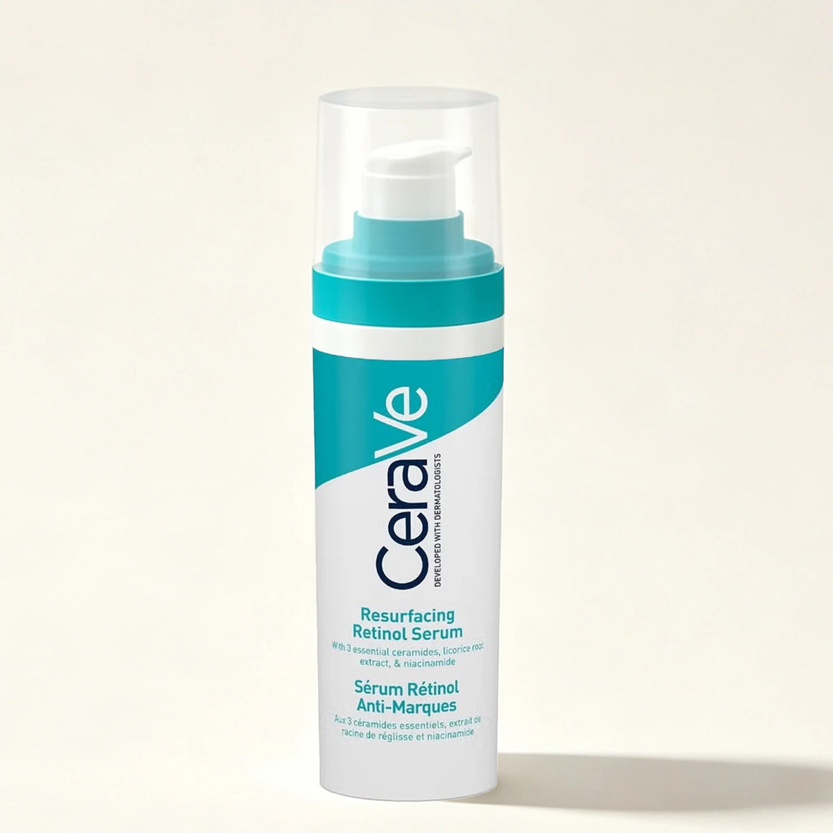 CeraVe Resurfacing Retinol Serum in a white pump bottle with a teal and white label, shown on a clean off-white background.