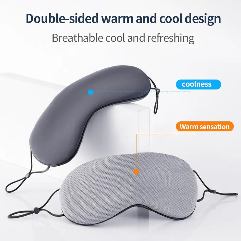 Gray eye mask with text indicating double-sided warm and cool design on a white background