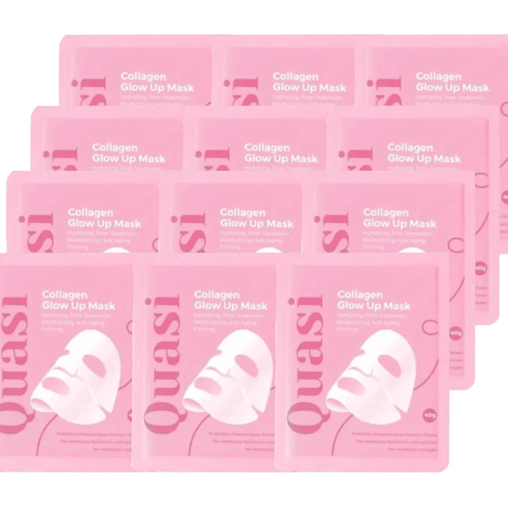 Pink 'Quasi' collagen glow up mask packages arranged in a grid.