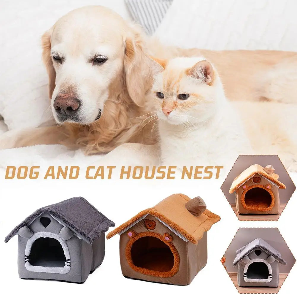 Dog and cat house nest with a dog and cat lying together, surrounded by different styles of pet houses.