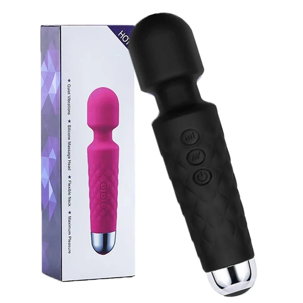 Black and pink massage wand with packaging on a white background