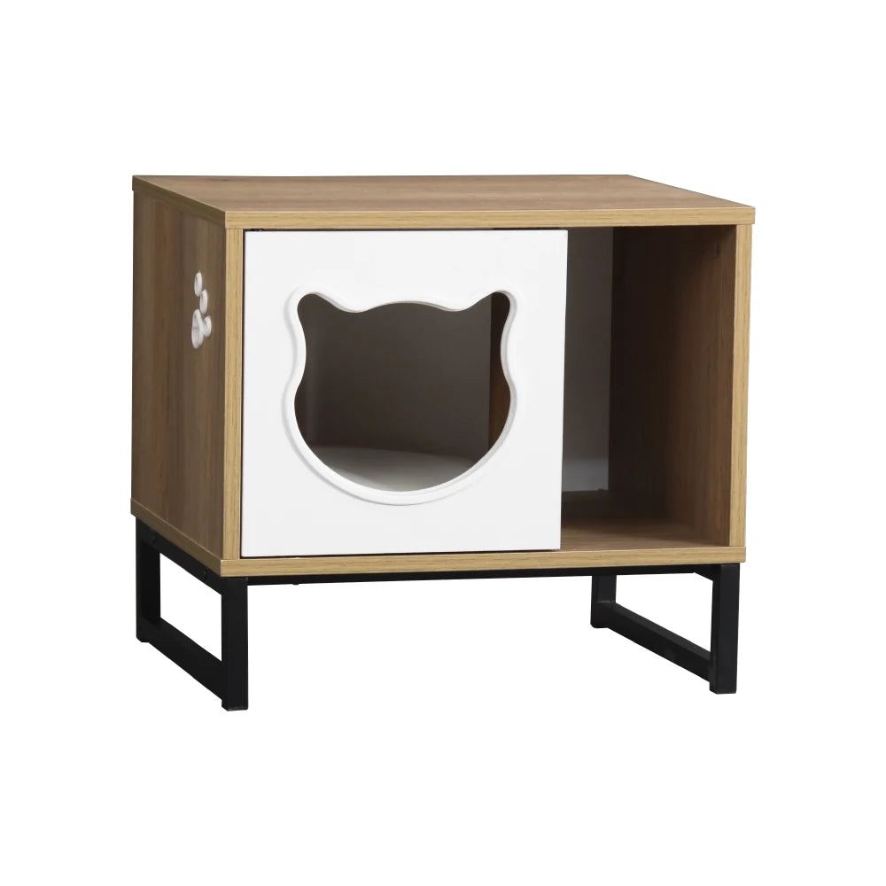 Wooden pet furniture with a white interior and black base on a white background