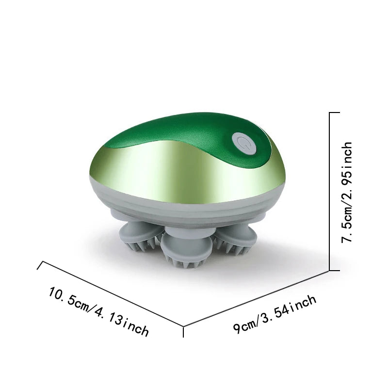 Green and gray handheld device with dimensions displayed on a white background