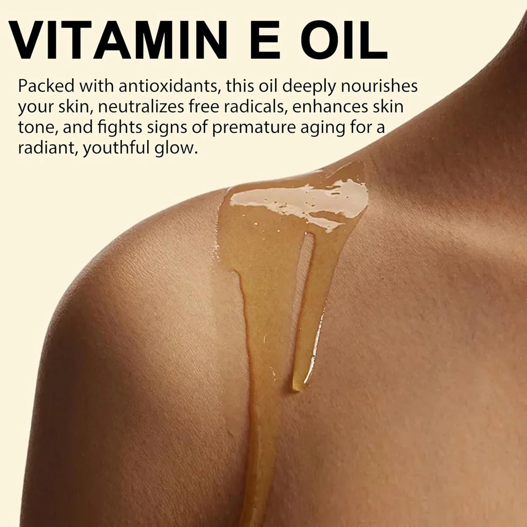 Vitamin E oil being applied to a shoulder with text about its benefits.
