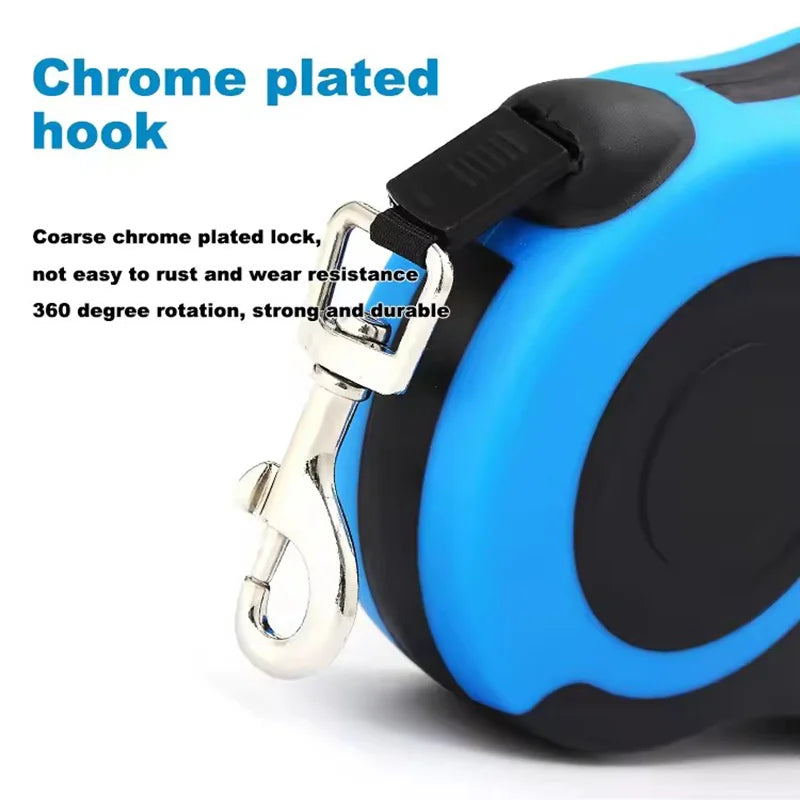 Blue and black retractable dog leash with chrome plated hook on a white background