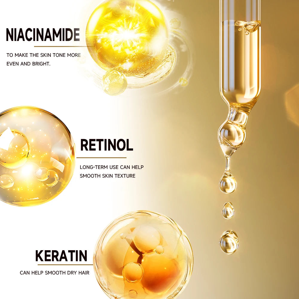 Cosmetic dropper with gold liquid droplets labeled Niacinamide, Retinol, and Keratin on a gold background.