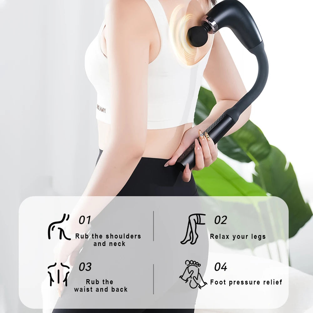 Person using a handheld massager with text indicating its uses on a white background