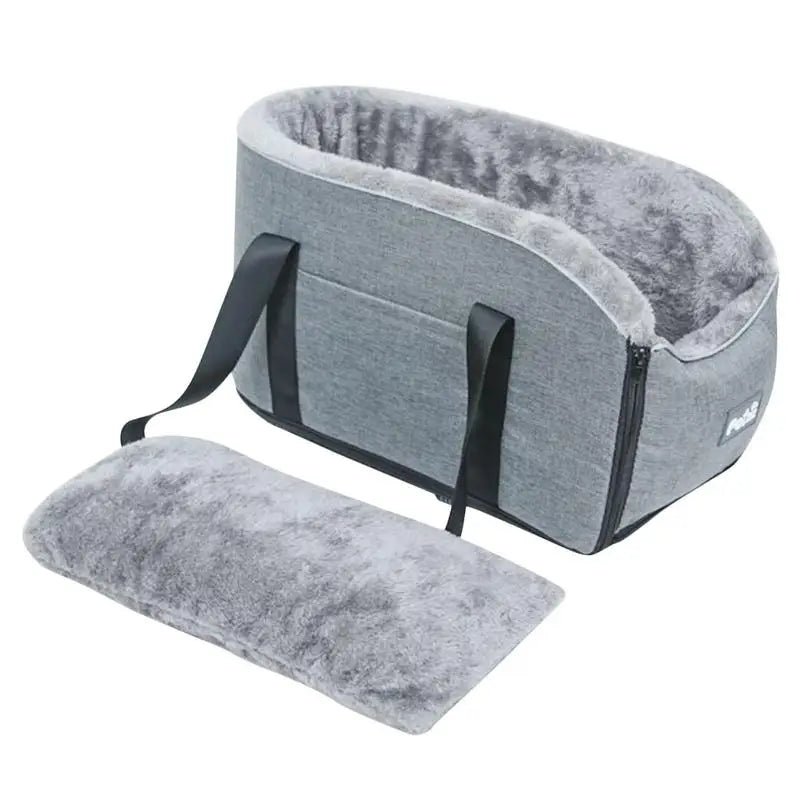 Gray pet carrier with a cushion on a white background