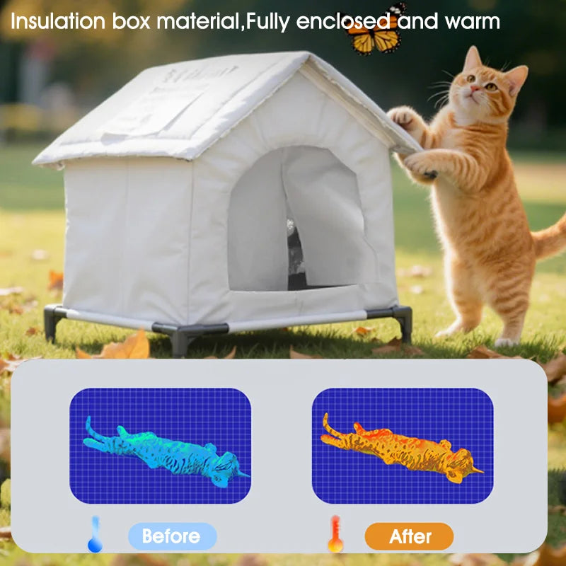 Cat interacting with a pet house on grass with text about insulation material