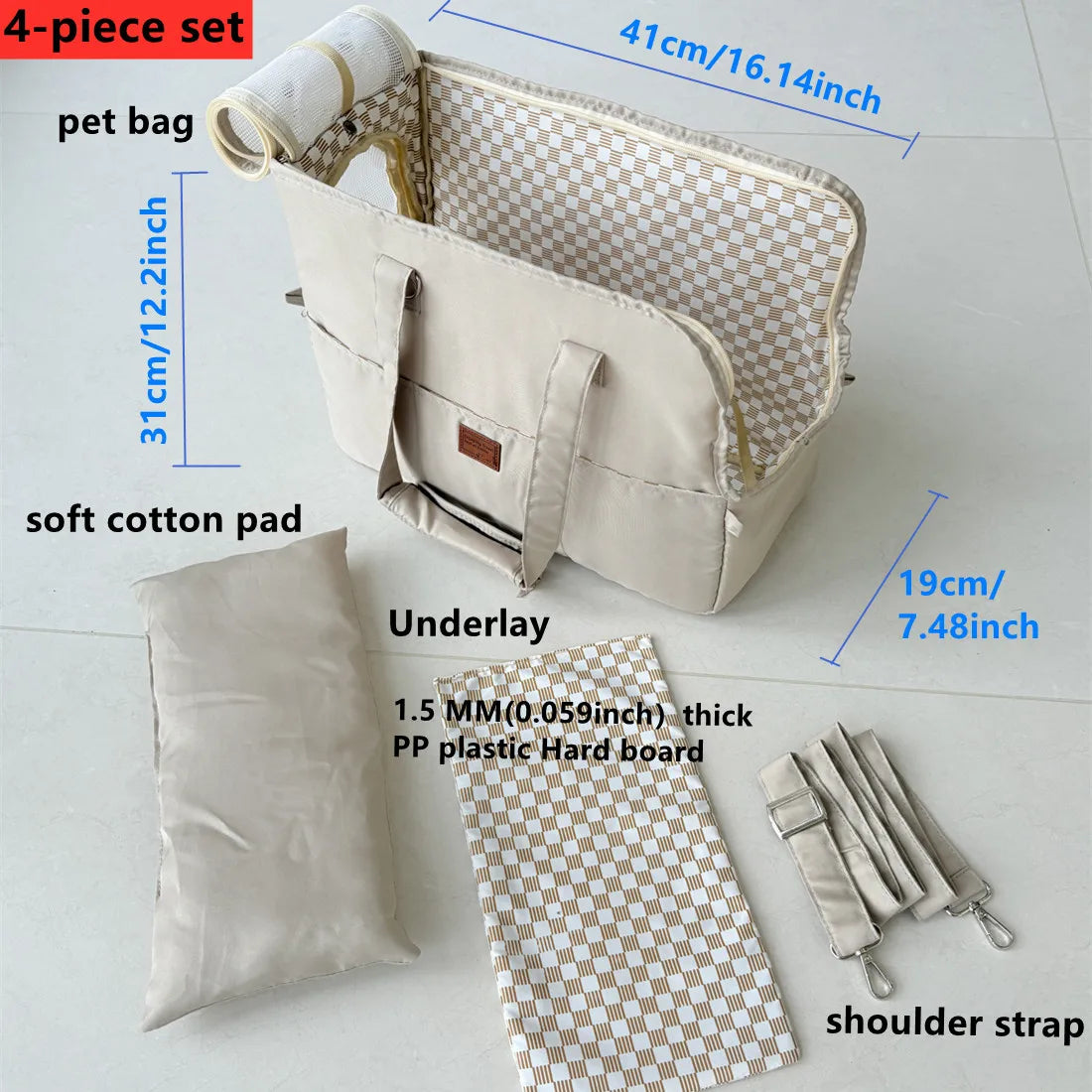 4-piece pet bag set with dimensions labeled on a white background