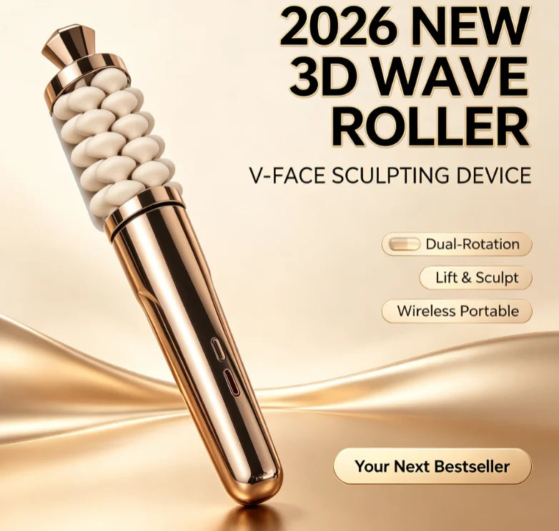 A 3D wave roller V-face sculpting device in a metallic rose gold finish with a white textured head, shown on a gold satin background with promotional text.