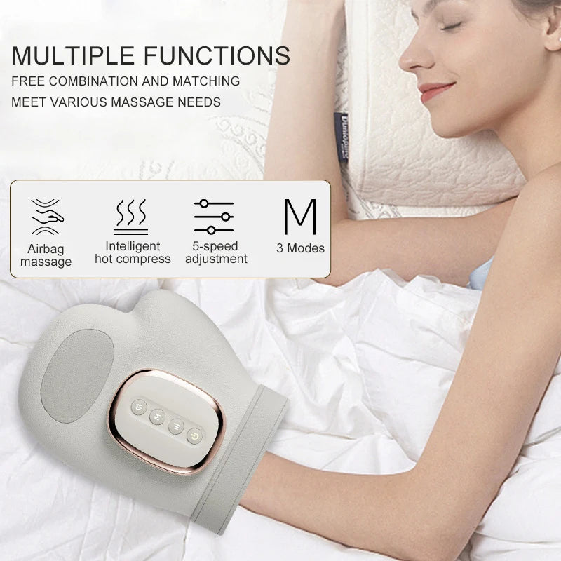 Person using a massage device with text highlighting multiple functions on a white background
