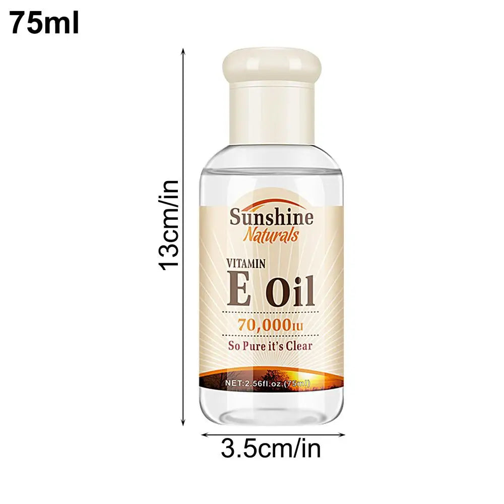Bottle of Sunshine Naturals Vitamin E Oil with dimensions on a white background