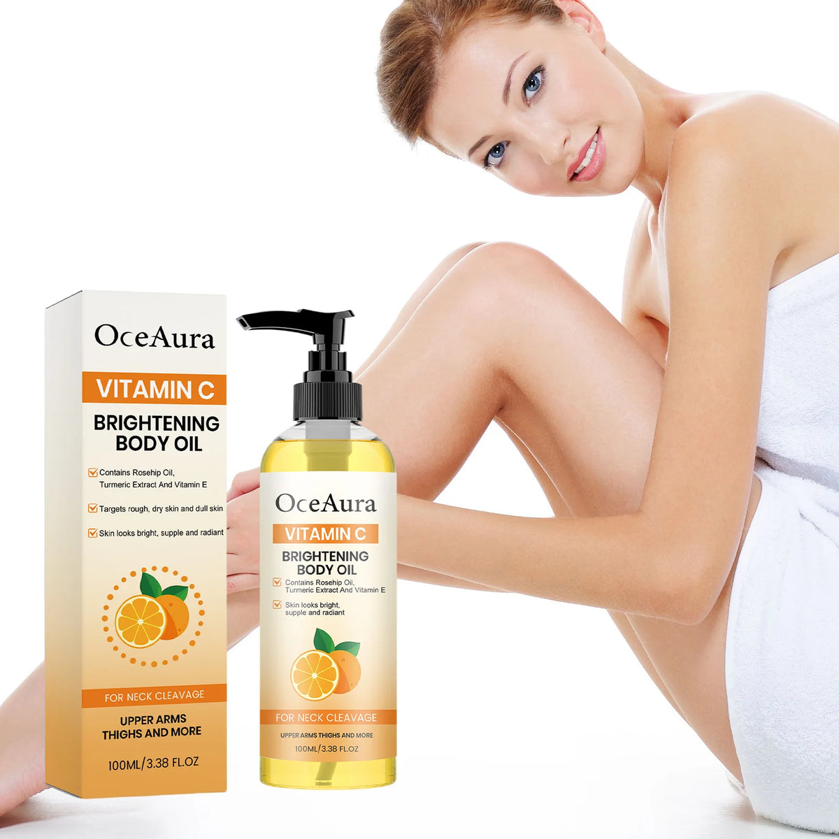 OceAura Vitamin C Brightening Body Oil with packaging and a model displaying the product.
