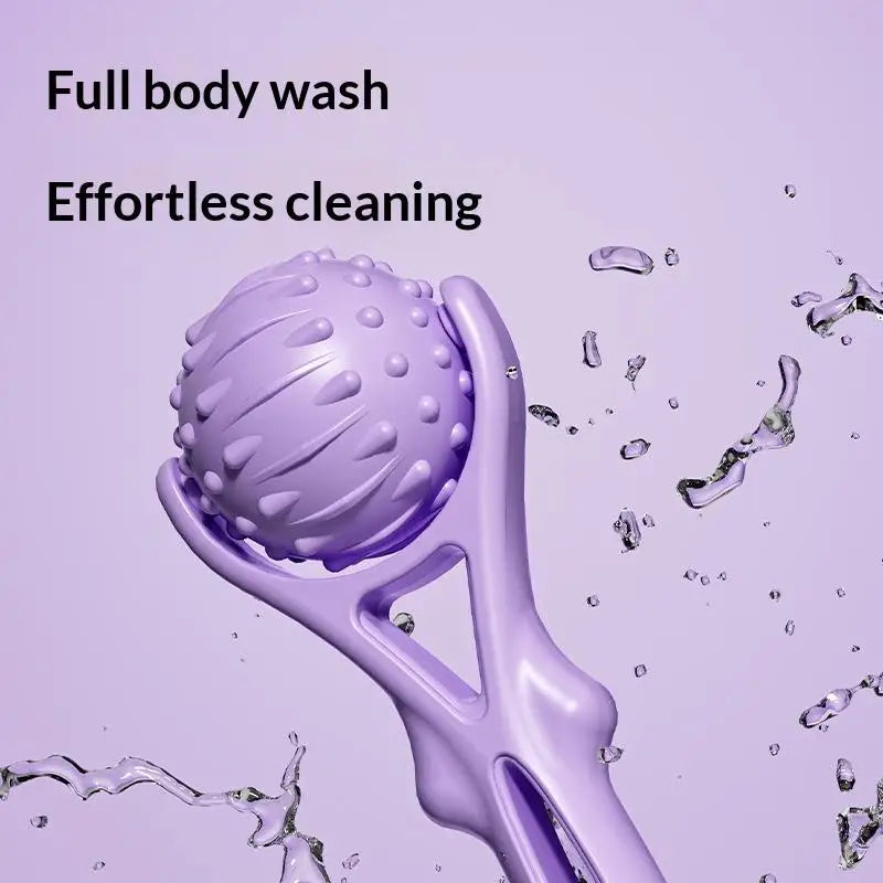 Purple body scrubber with water droplets on a purple background, labeled 'Full body wash' and 'Effortless cleaning'.