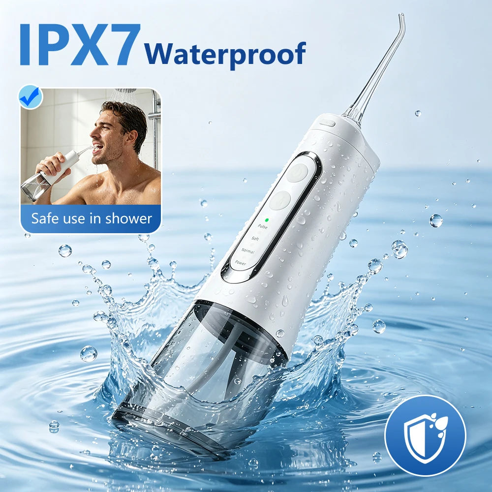 A white and clear water flosser shown in a splash of water with large text reading 'IPX7 Waterproof' and a small inset photo of a man using it in a shower. The product is the water flosser, and the background is a blue water scene.