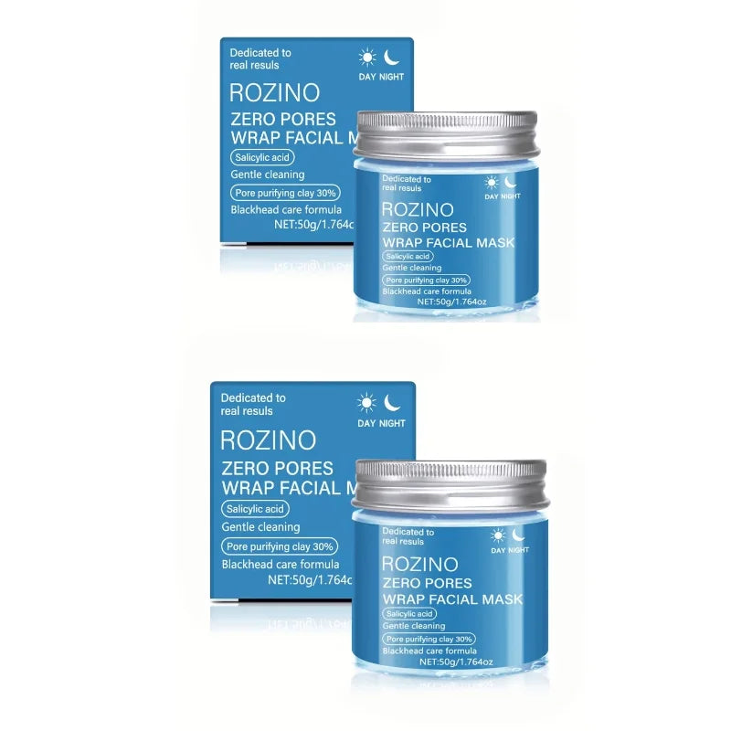 Two identical packs of ROZINO Zero Pores Wrap Facial Mask shown on a white background, each featuring a blue box and a matching blue jar with a silver lid.