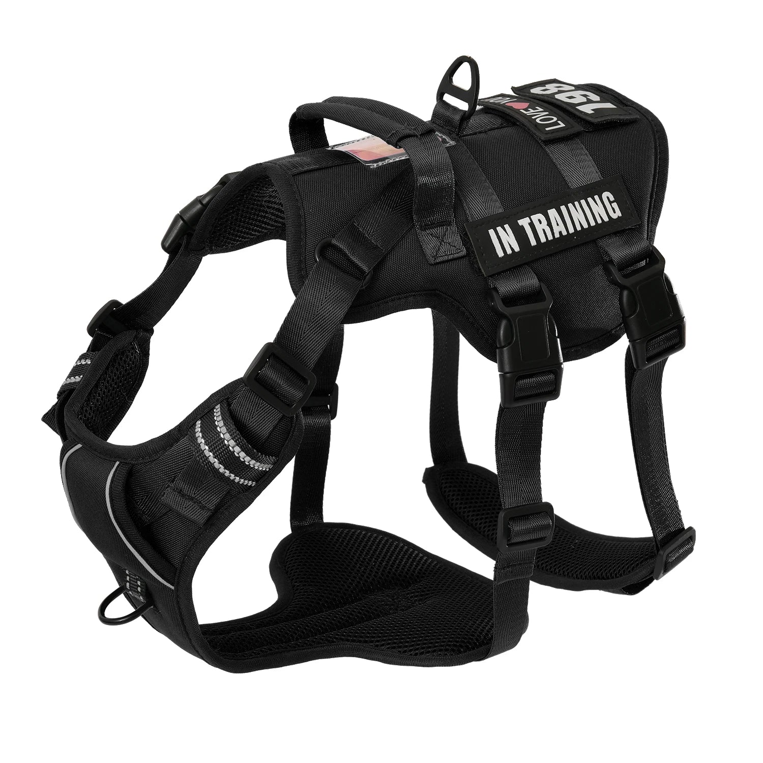Black dog harness with 'In Training' label on a white background