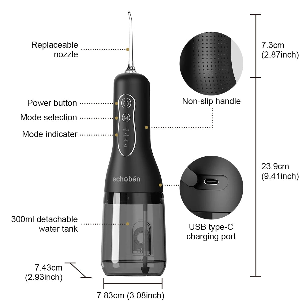 Black dental water flosser with labeled features and dimensions on a white background