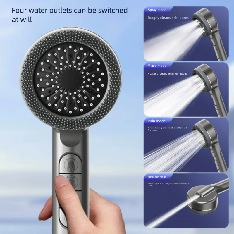 A handheld shower head with a metallic silver body and a black spray head is shown being held by a hand. The left side includes text stating 'Four water outlets can be switched at will' and three blue inset panels on the right show four spray modes: Spray mode, Mixed mode, Rain mode, and Spray gun mode.
