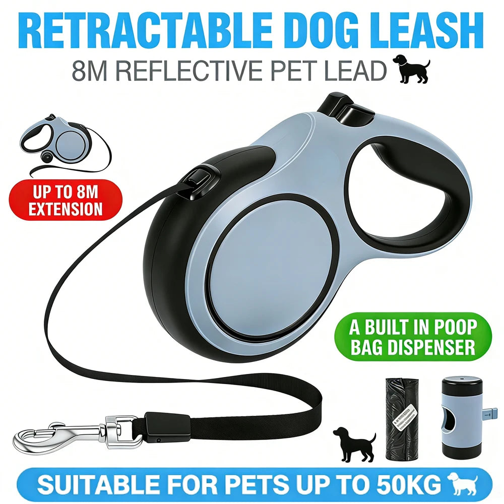 Retractable dog leash with reflective pet lead, poop bag dispenser, and extension feature on a white background.