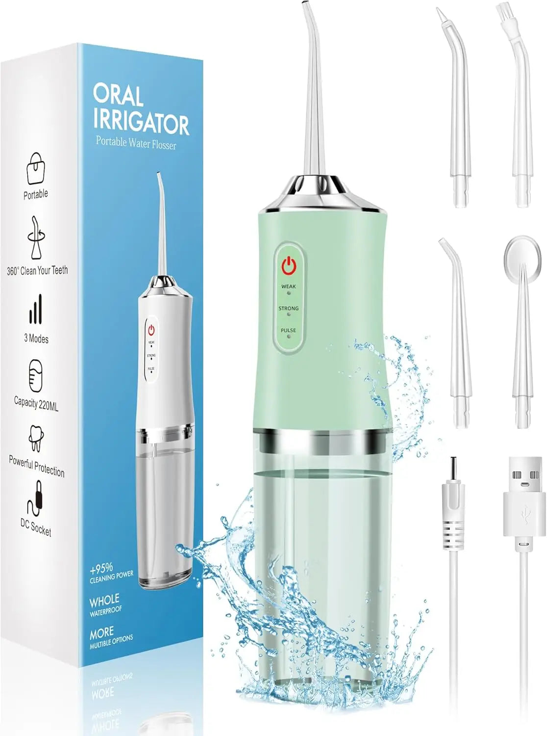 Green oral irrigator with packaging and accessories on a white background