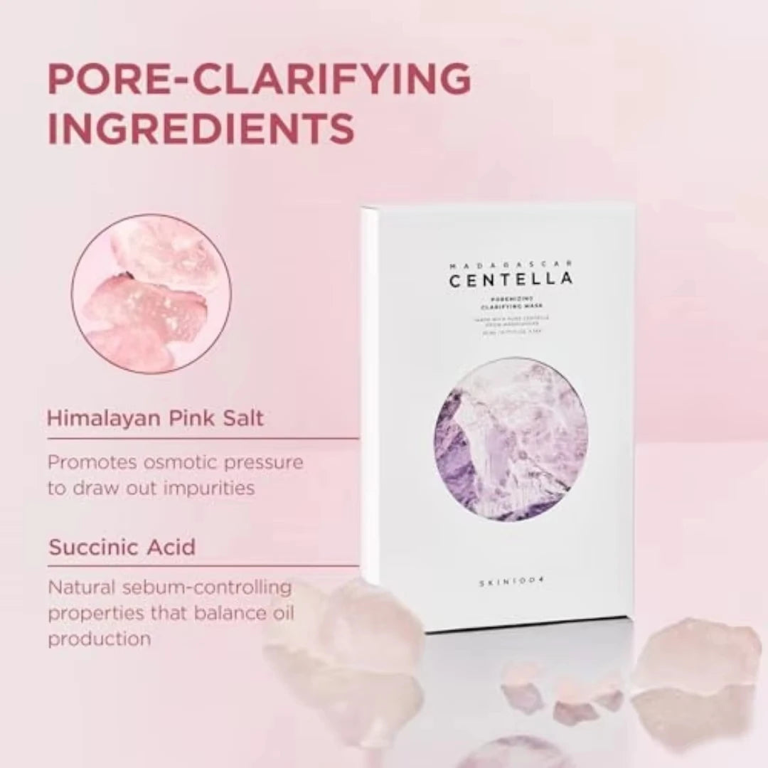A white skincare box labeled 'MADAGASCARE CENTELLA' with a circular purple-toned ingredient window, shown beside text describing pore-clarifying ingredients including Himalayan pink salt and succinic acid on a soft pink background.