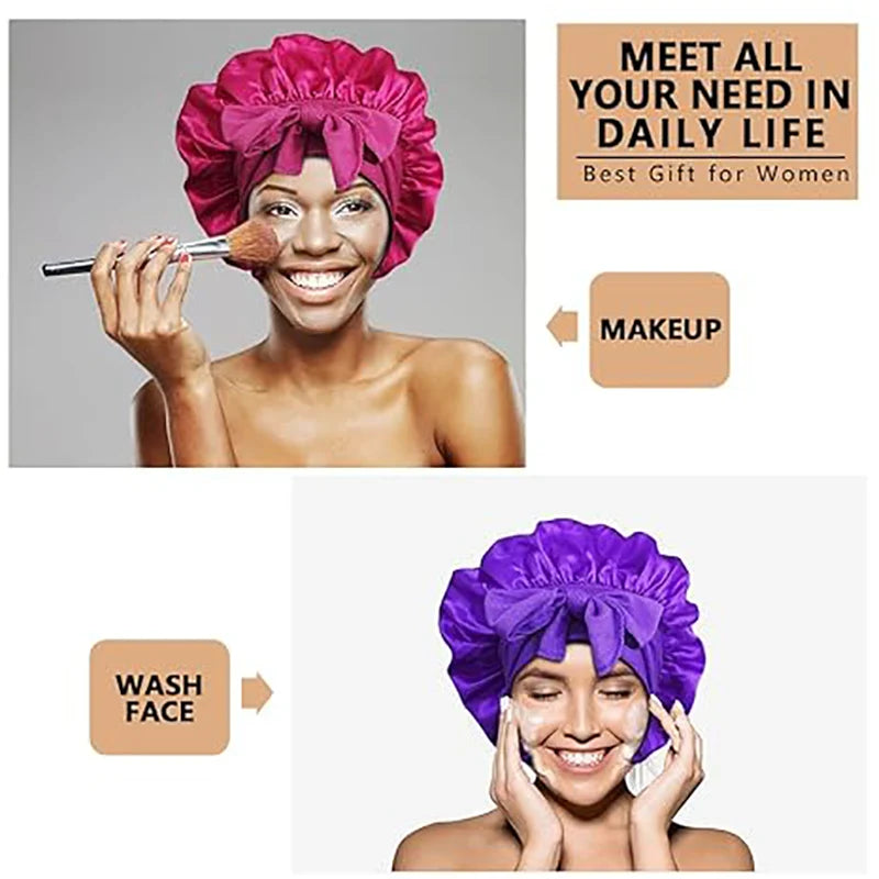 Two women using satin headbands for makeup and washing face, with text indicating their uses.