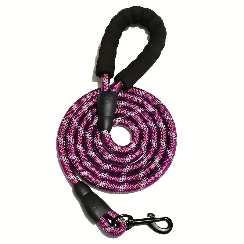 Pink and black braided dog leash on a white background