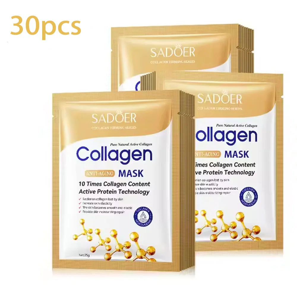 Three packages of Sadoer Collagen Mask on a white background