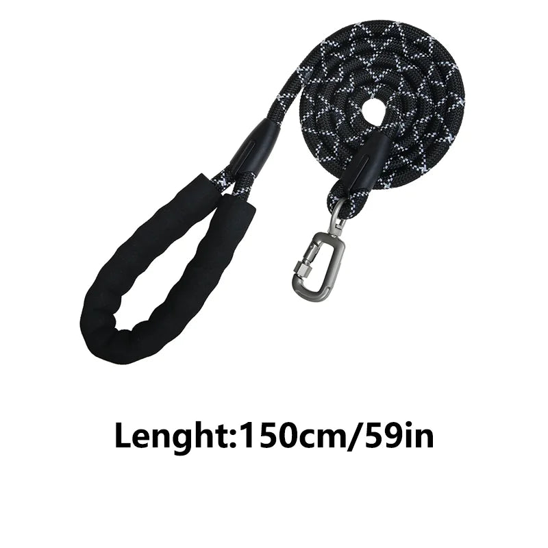 A black and white patterned dog leash with a padded black handle and a silver metal carabiner, shown on a white background with the text 'Lenght:150cm/59in' below.