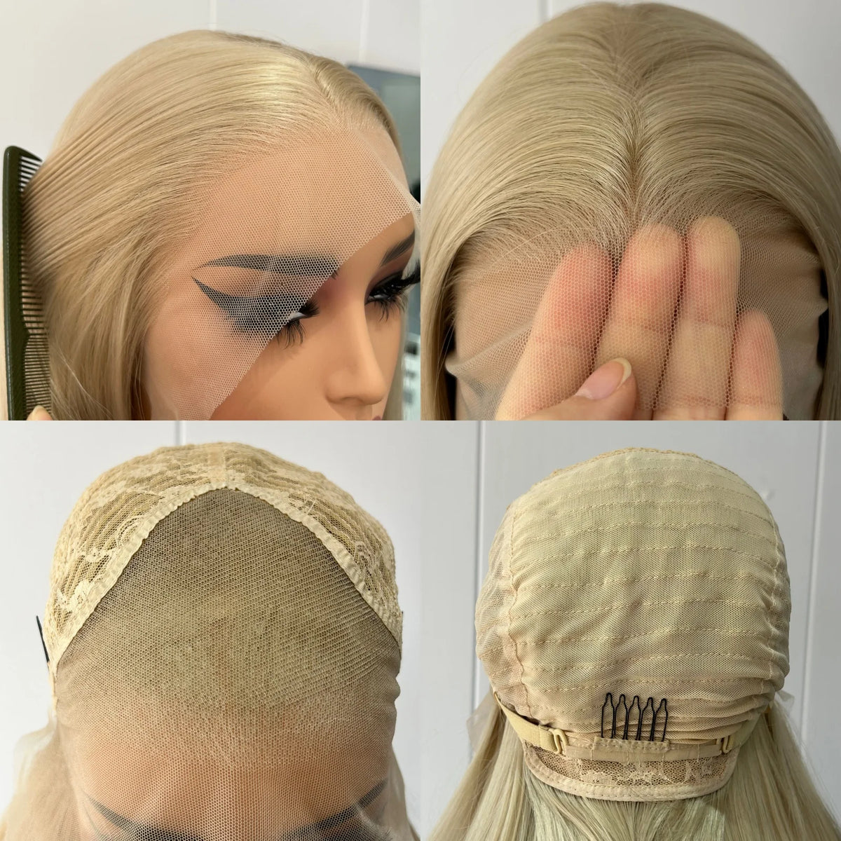 Four-panel close-up collage showing a blonde wig or wig cap from multiple angles: side view with hair and eye area, front top view with parting detail, underside lace/skin-simulating top, and interior back view with elastic and hair comb.