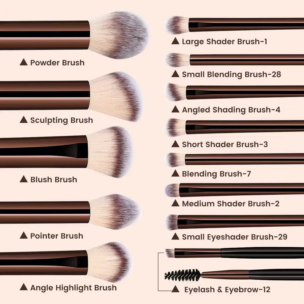 Set of makeup brushes with labels on a beige background