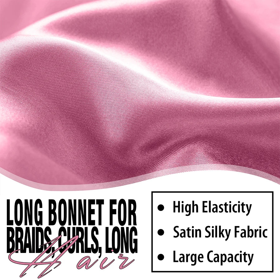 Pink satin fabric with text about a long bonnet for braids, curls, and long hair.