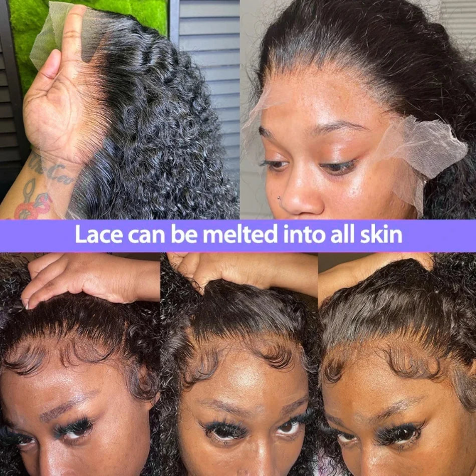 Collage of a hair transformation process with text 'Lace can be melted into all skin'.