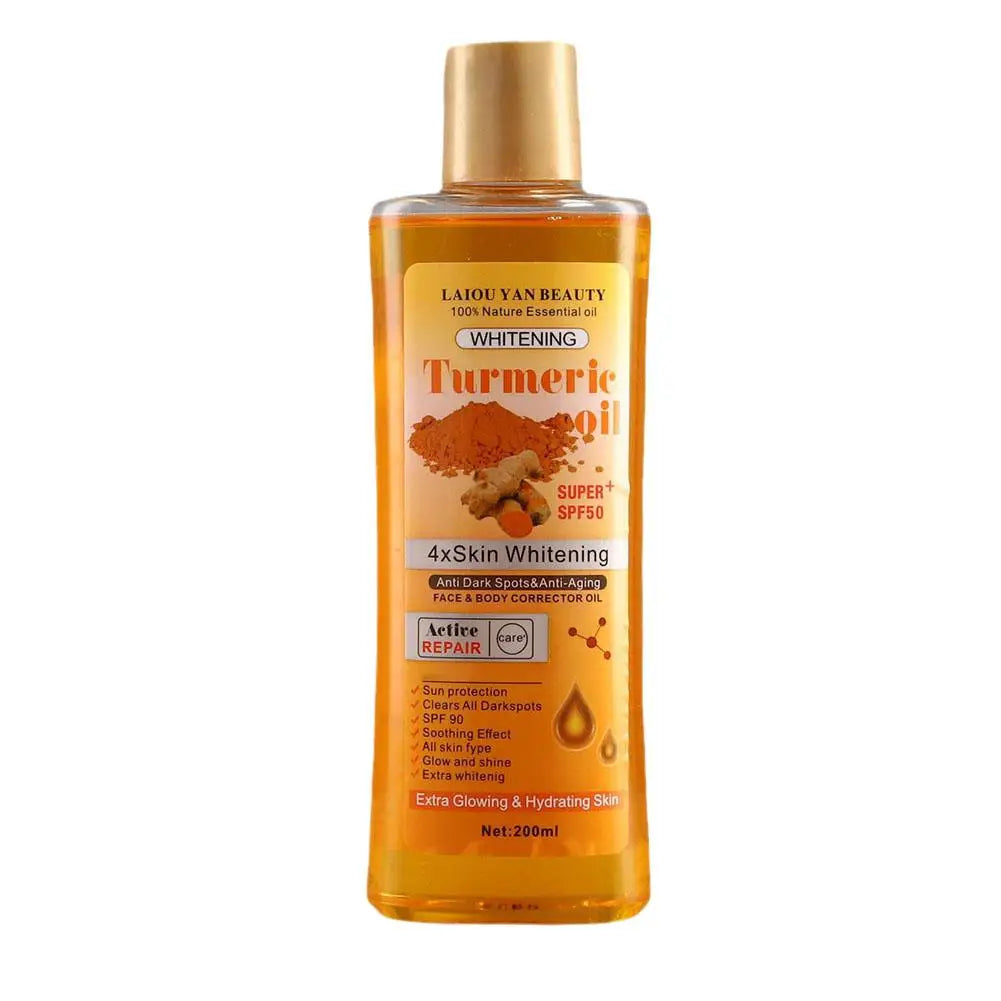 Bottle of Laiou Yan Beauty Turmeric oil on a white background