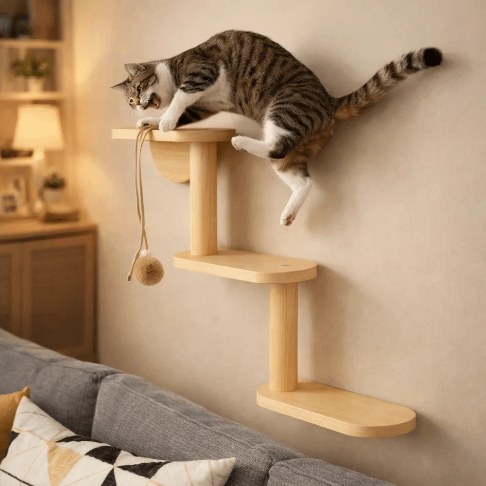 Cat climbing a wooden cat tree in a cozy living room.