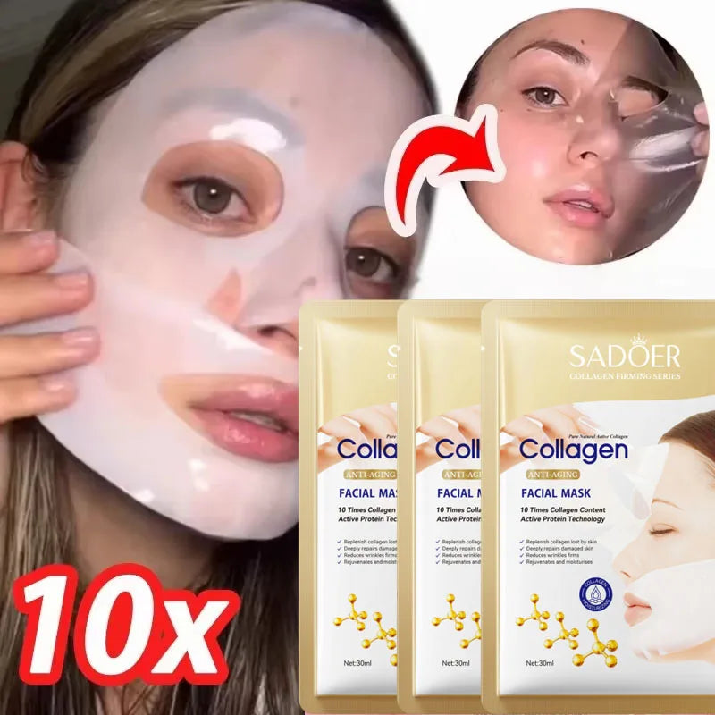 Collagen facial mask packaging with a woman applying the mask and a close-up of the mask.