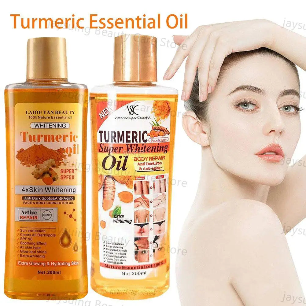 Turmeric essential oil bottles with a woman touching her hair, promoting skin care.