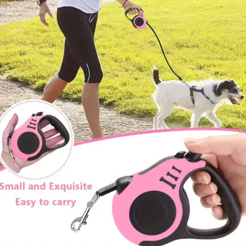 Person walking a dog with a pink and black retractable leash, close-up of the leash shown.