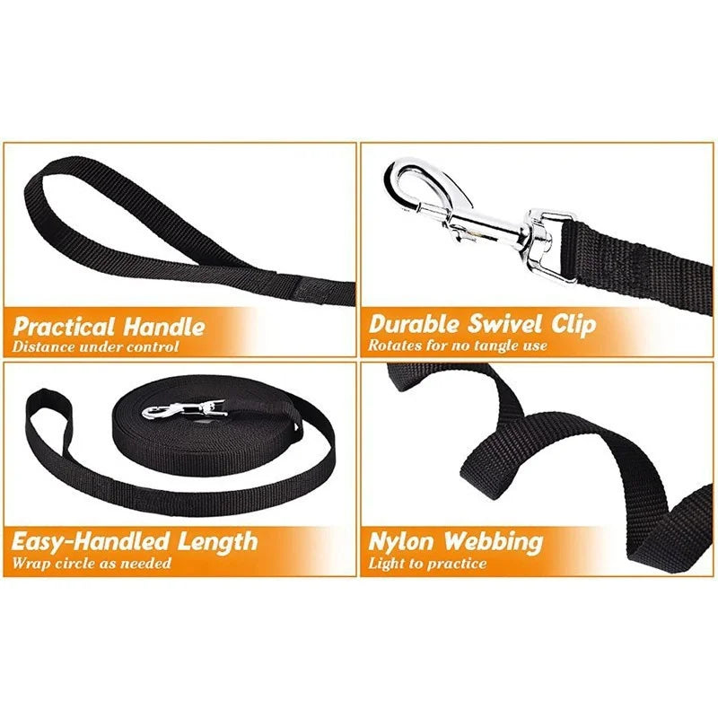 Black dog leash with practical handle, durable swivel clip, easy-handled length, and nylon webbing on a white background.