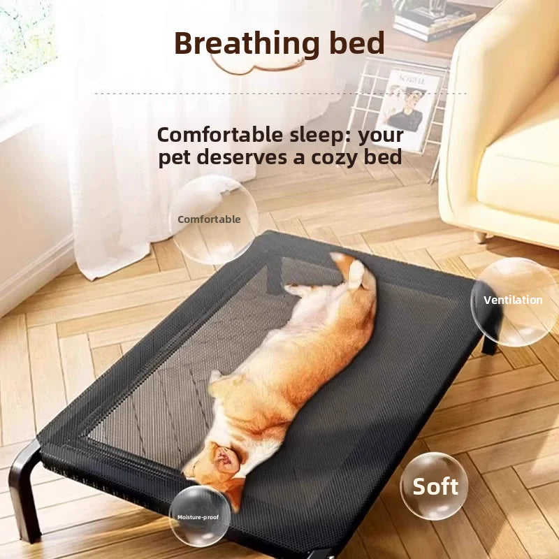 Pet bed with a dog lying on it, labeled as a 'Breathing bed' with text about comfort and softness.