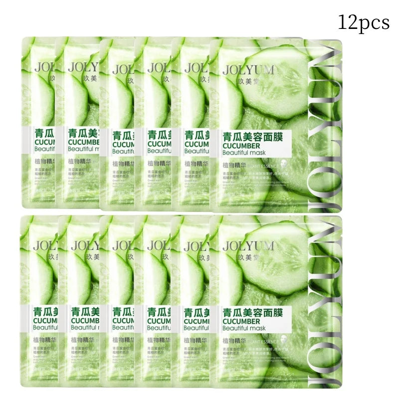 JOYUM cucumber facial masks packaging with 12 masks displayed.