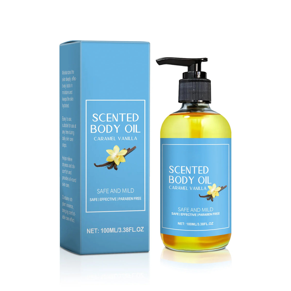 Scented body oil bottle and packaging with vanilla flavor on a white background